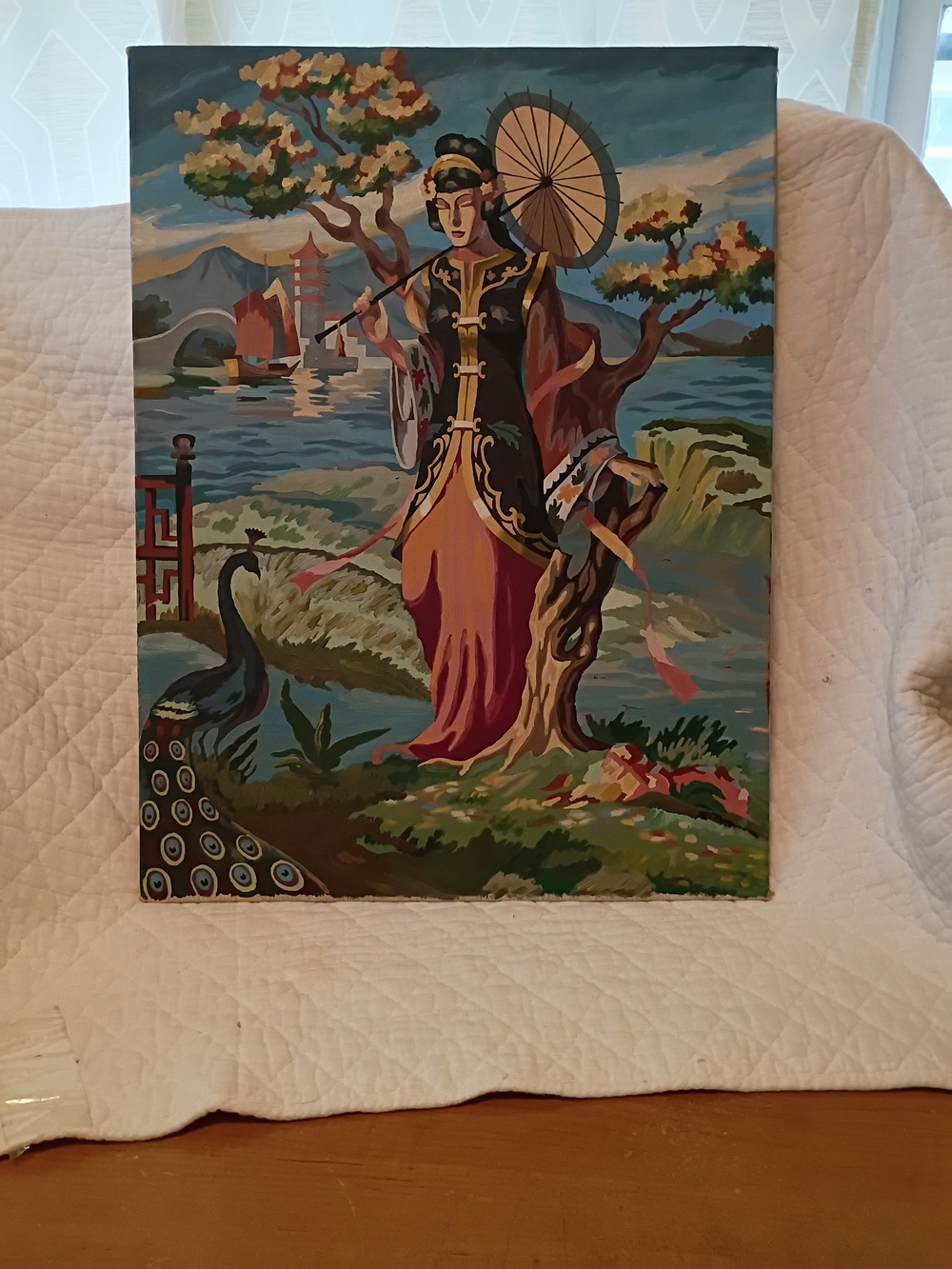 Vintage 1950s Paint by Number Finished Art "Oriental Beauty" Geisha Peacock Mid